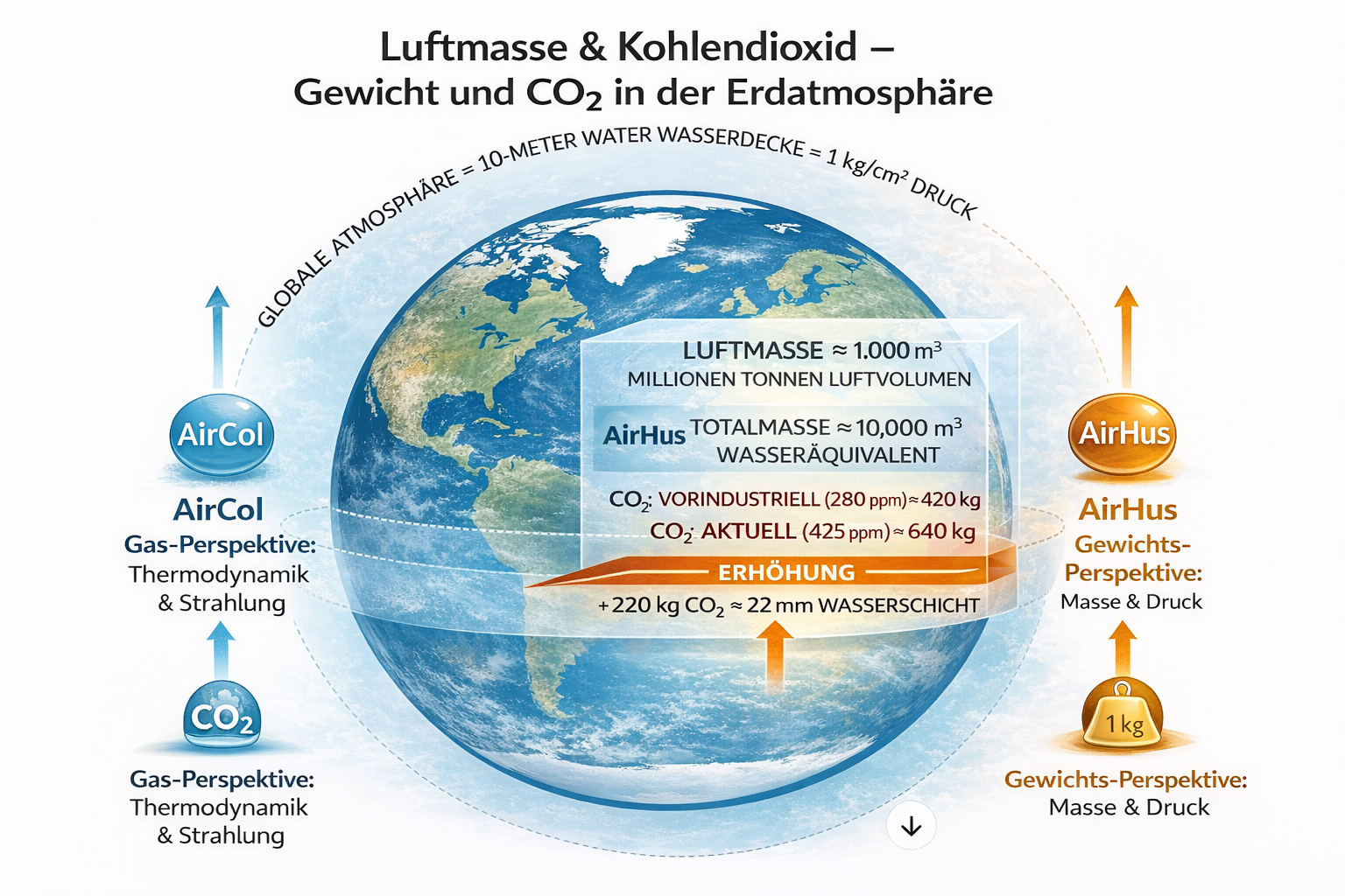 Grafik zu Luftmasse, AirCol, AirHus und der CO₂-Masse in der Erdatmosphäre
